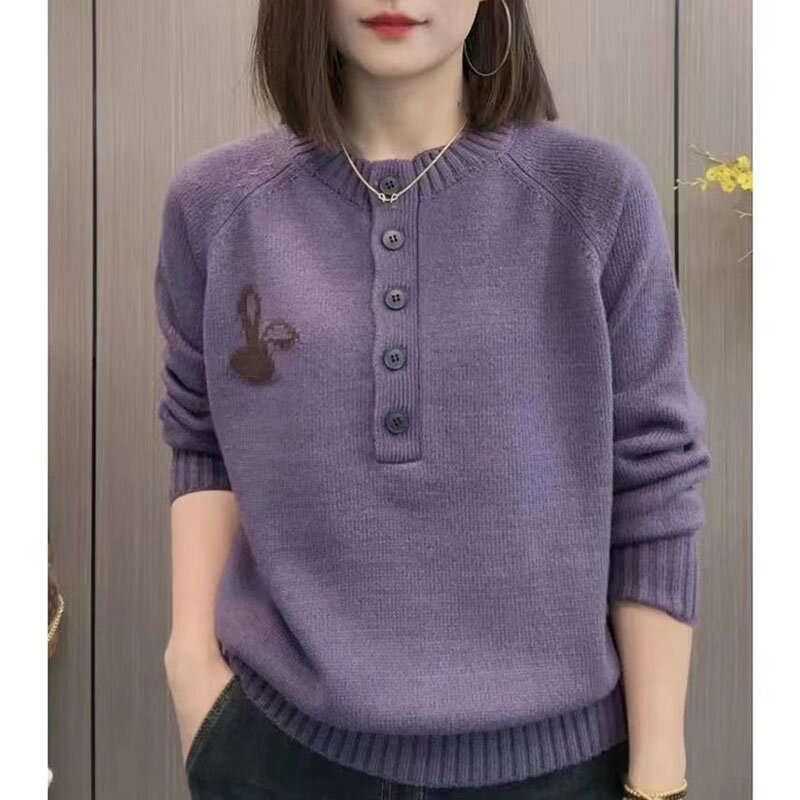 Jersey con botones para mujer, suéter de punto suelto, suéter coreano de manga larga, suéter informal, Tops de otoño