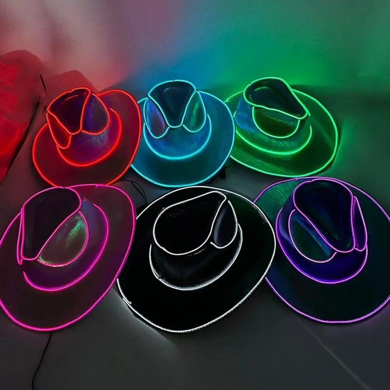 Wireless LED Cowboy Hat Colorful Disco Luminous Light Bar Cap Unisex Hip Hop Party Supplies Flashing Neon Western Cowgirl Hat