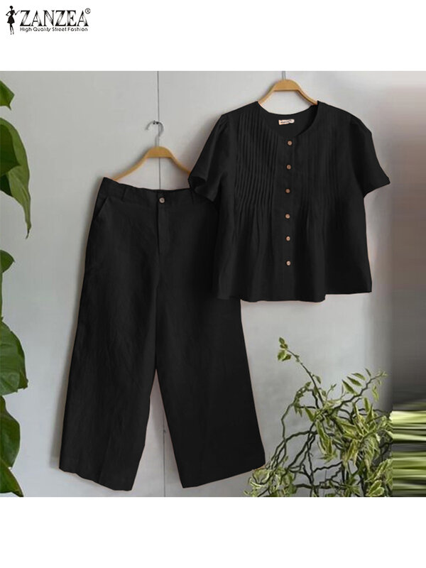 ZANZEA Summer Women Outfits Short Sleeve Pleated Blouse Trousers Suit Elegant Solid OL Work Pant Sets Fashion Matching Sets