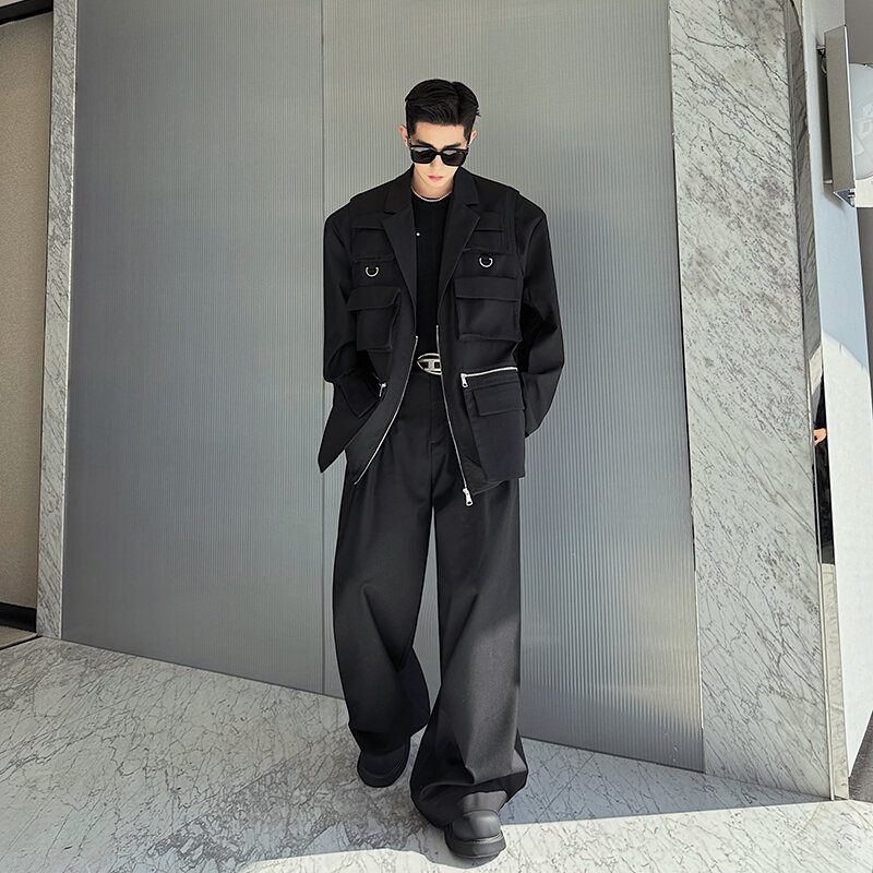 Chaqueta de traje tridimensional con múltiples bolsillos para hombre, blazer holgado y cómodo de manga larga, a la moda, primavera de 2024
