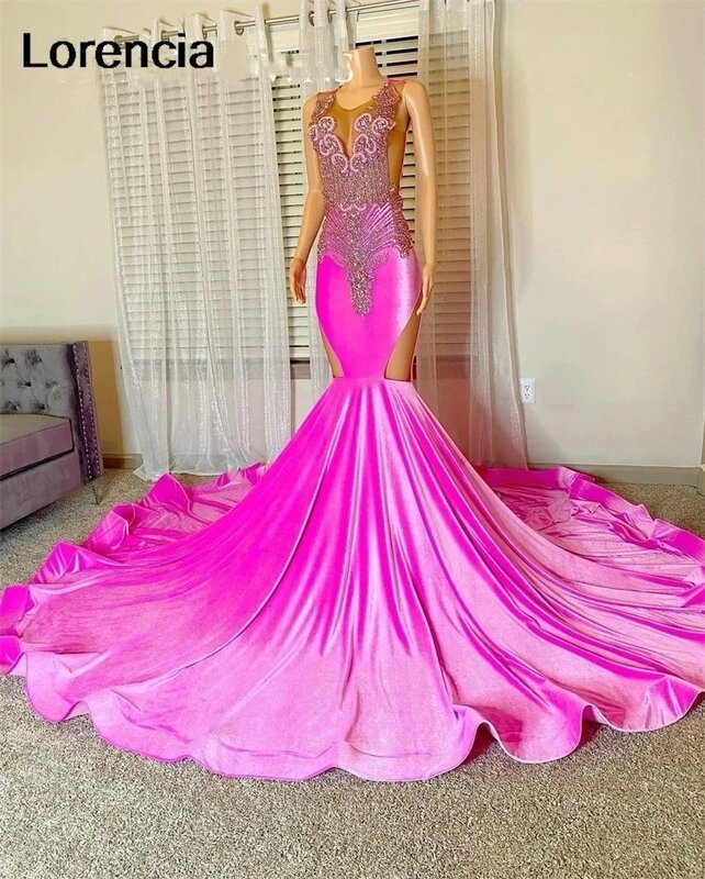 Lorencia Pink Beaded Crystal Long Mermaid Prom Dress For Black Girls O Neck Birthday Party Gowns Mermaid Robe De Soiree YPD64