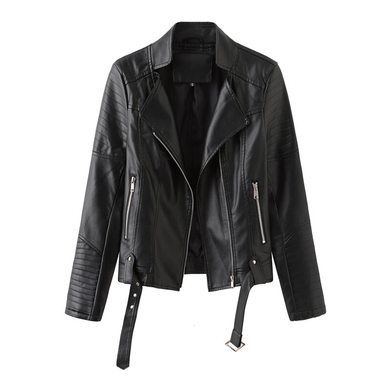 2023 leather jacket with belt long sleeved spring and autumn thin women's jacket European and American V-neck PU jacket