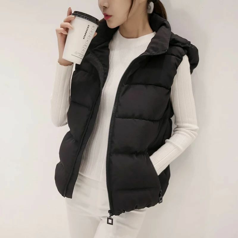 Parkas Frauen Weste Mäntel koreanische solide Kapuze Reiß verschluss Kurz mantel Stehkragen Slim Fit regelmäßige warme dicke ärmellose Winter