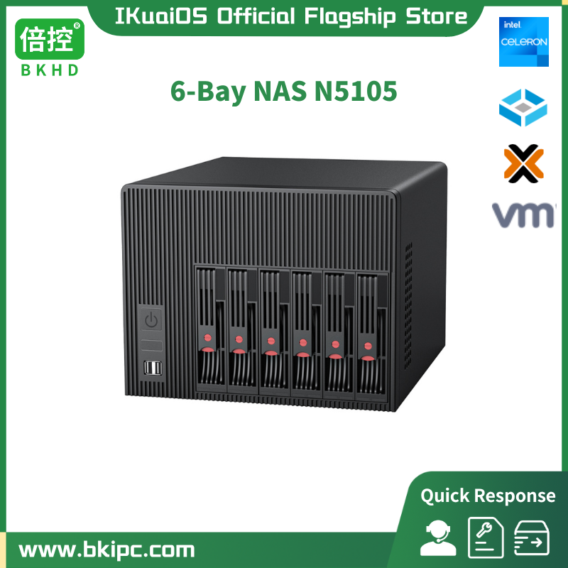 IKuaiOS 6-Bay NAS N5105 Supports FreeNAS TrueNAS Proxmox 2.5 3.5-inch SATA SSD HDD Suitable for Home Business Expandable PCIe x4