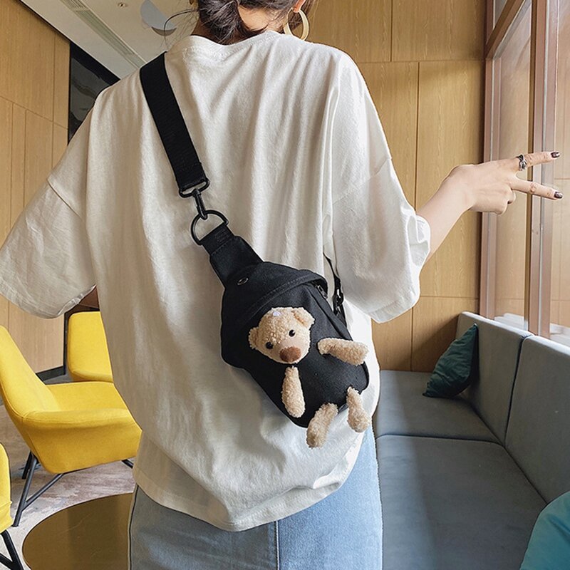 Bolsa de peito de urso de desenho animado para mulheres, bolsa mensageiro casual mini bolsa de lona de estudante fofa bolsa de esportes nova moda