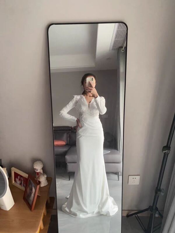 화이트 브이넥 인어 레이스 2023 새틴 웨딩 드레스, 한국 스타일 지퍼 웨딩 가운, 실제 사진, 신상