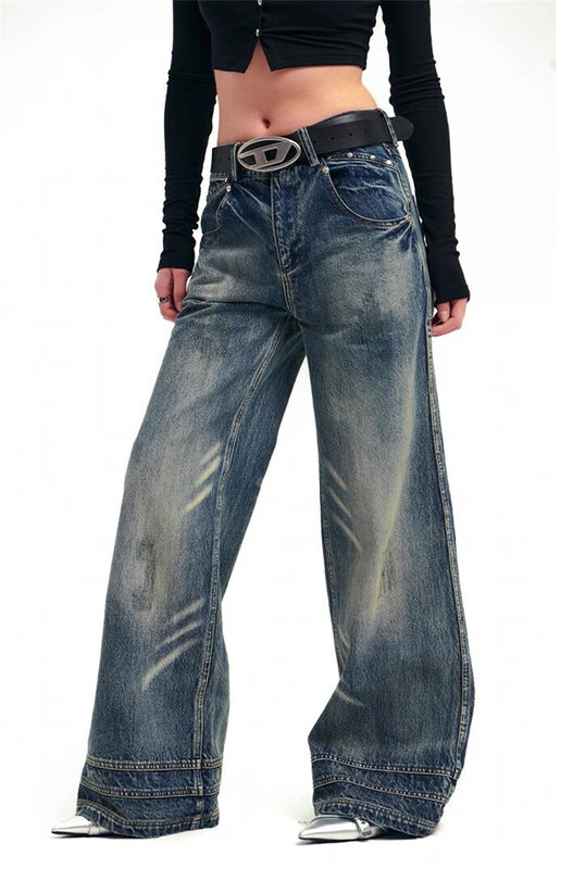 Calça jeans azul vintage feminina, calça jeans Harajuku, calça de vaqueiro de perna larga Y2K, lixo, japonesa, estilo anos 2000, roupas grandes