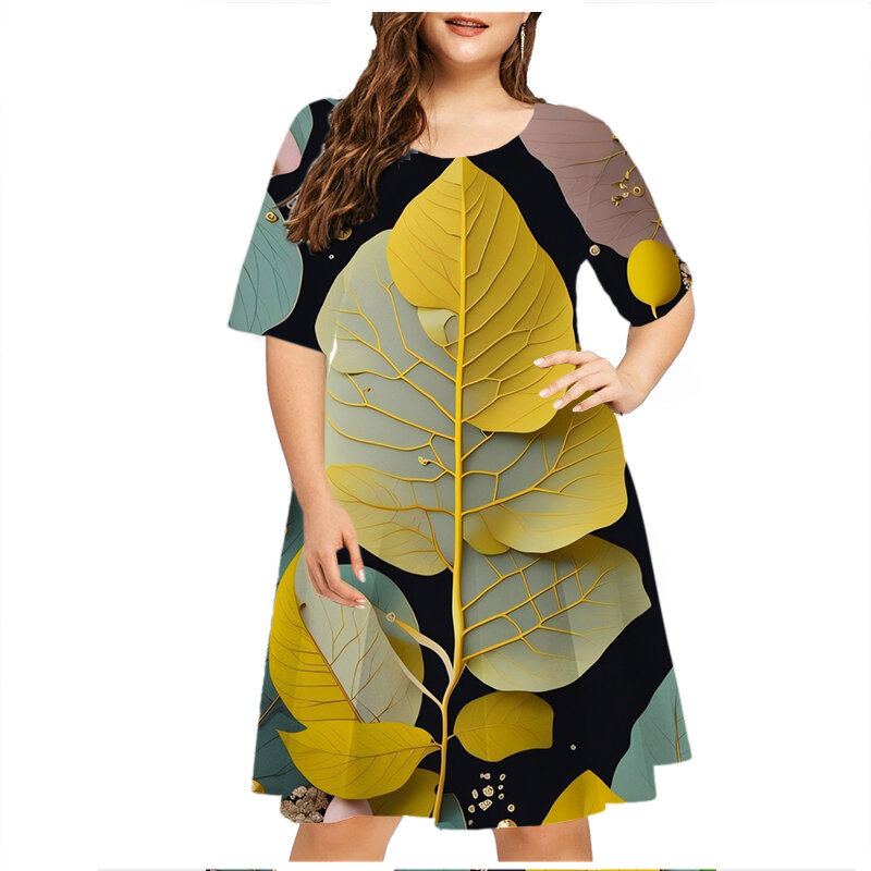 Vestido veraniego de manga corta con estampado 3D para mujer, minivestido holgado con estampado de hojas verdes, cuello redondo, talla grande 6XL