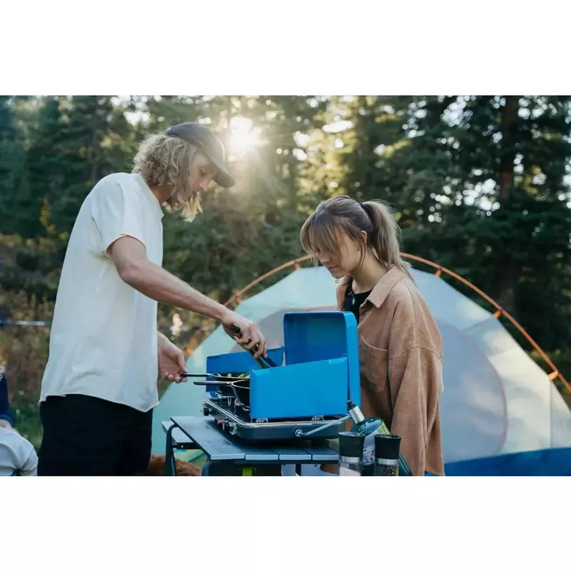 Estufa portátil de propano para acampar, 2 quemadores, libre de carga, suministros para senderismo al aire libre, accesorios de cocina para campamento