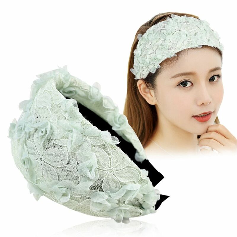 Aro de cabelo de malha larga antiderrapante para mulheres, bandana de flor fofa, bandana de renda estilo coreano para meninas, primavera