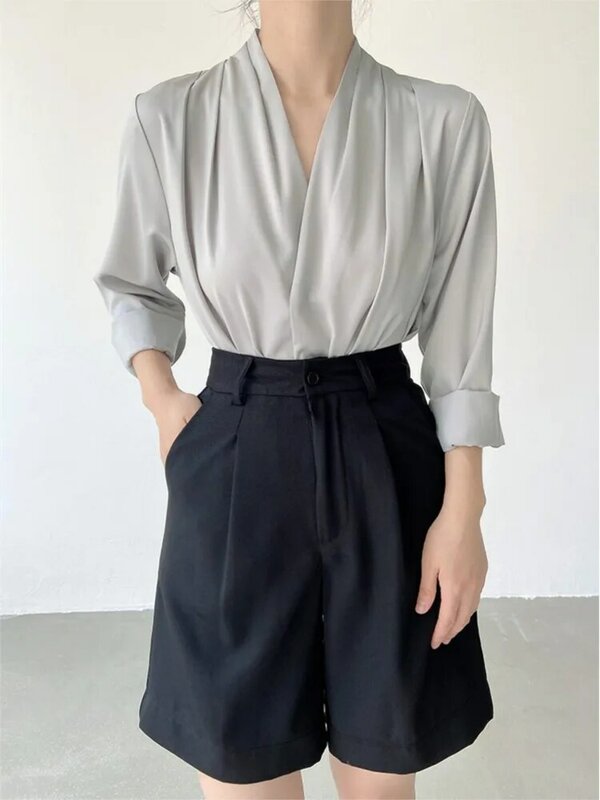 Female Silk Business Shirts 5XL 6XL Autumn Chiffon Blouses Korean Street Women Elegant Luxury V-neck Fold Long Sleeve Satin Tops