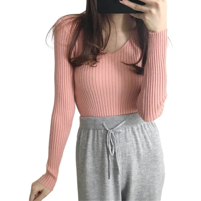 Long Sleeve Bodycon Sweater Casual Crochet Knit Pullover V-Neck Long Sleeve Loose Blouses for Womens