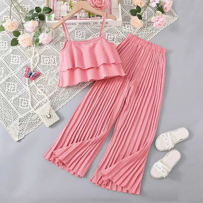 Children Clothing Children Sets Fashion Solid Color Short Suspender Top Loose Pleated Pants Two-Piece Set Girls Birthday Gift
