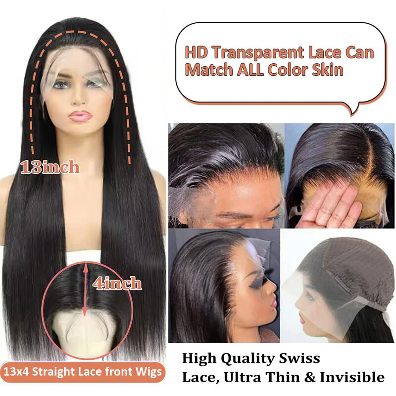Perucas dianteiras transparentes do cabelo humano do laço para mulheres, perucas frontais brasileiras, osso reto, 250 densidade, 13x4, 13x6, 30 pol, 40 pol