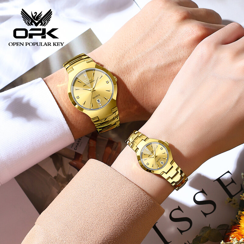 OPK zegarki kwarcowe dla par luksus wszystkie złote wodoodporne modny wolframowy pasek stalowy eleganckie zegarek dla pary na tydzień randkowy dla kobiet