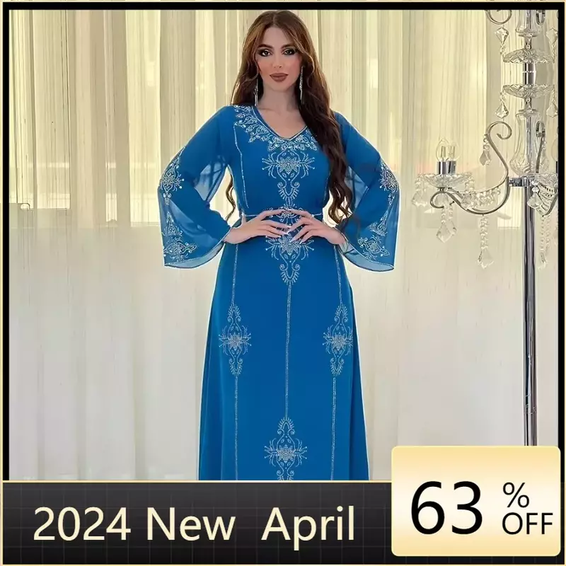 2024 sifon berlian Abaya Maroko pesta malam Muslim elegan wanita gaun Kaftan Dubai gaun Jalabiya Kaftan Islam pakaian
