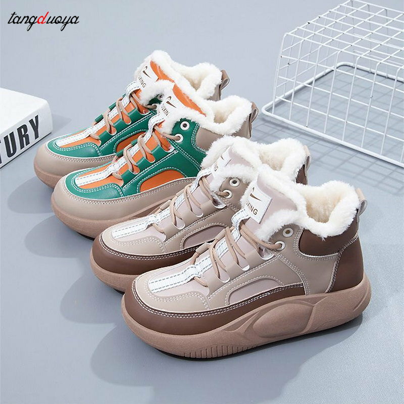 green Winter Boots Women Ankle Boots Warm PU Plush Winter Woman Shoes Sneakers Flats Lace Up Ladies Shoes Women Short Snow Boots