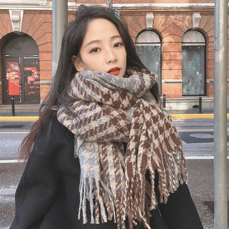 Women Thick Scarf Colorblock Scarf Stylish Winter Scarf for Women Thickened Warm Tassel Plaid Print Wide Long Design Windproof
