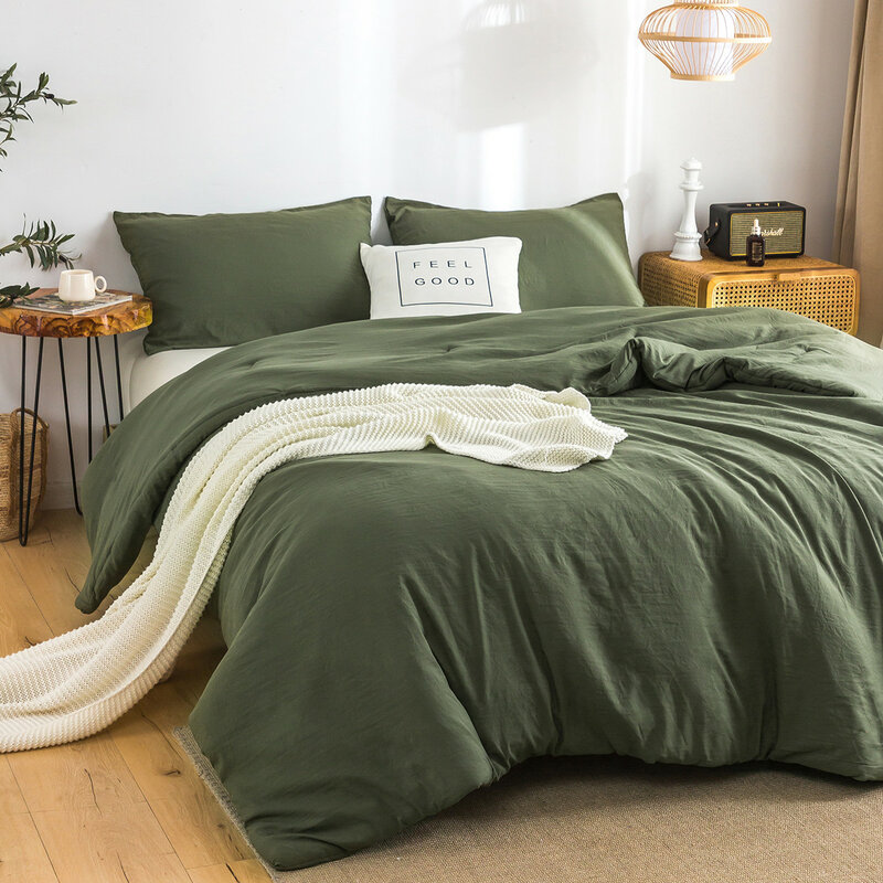 Colcha de algodón suave y ligera, edredón verde oliva oscuro, funda de almohada sólido con juego de cama, California King