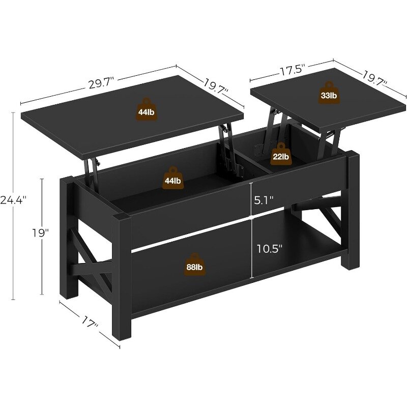 Rolanstar Couch tisch 47.2 ", 2-Wege-Lift Top Bauernhaus Mittel tisch mit verstecktem Fach, offenem Regal & x Holz stütze