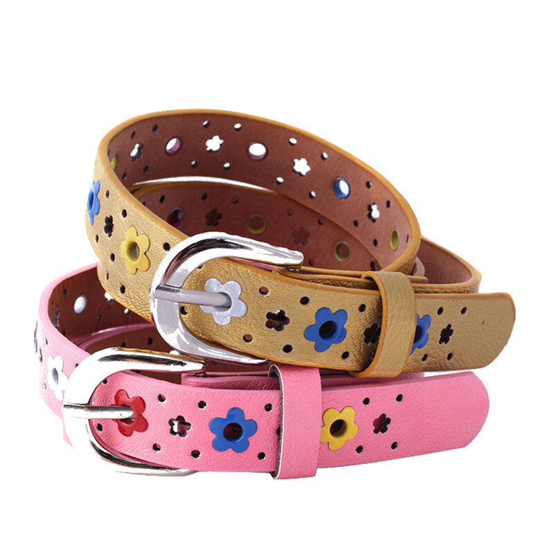 Cinturón de piel sintética para niños y niñas, cinturón ajustable con flores y mariposas huecas, hebilla de aleación