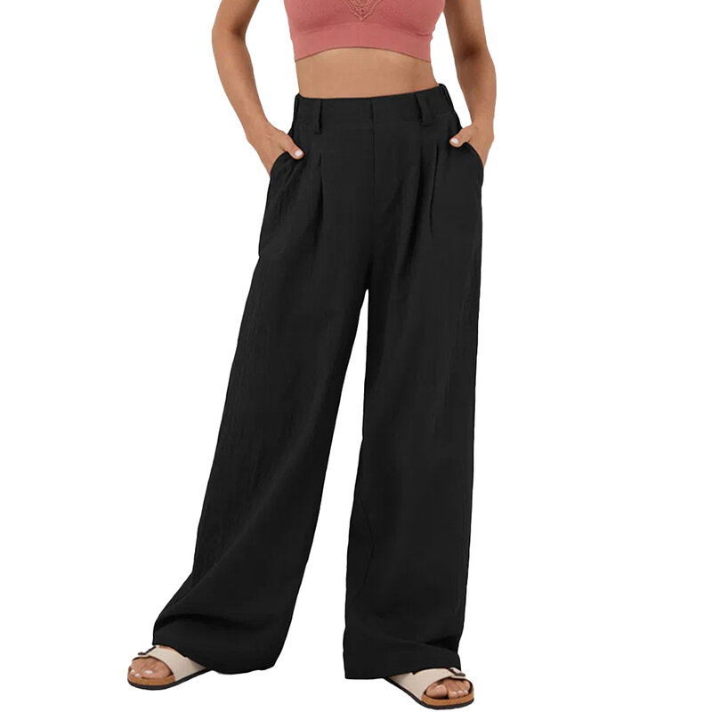 กางเกงขายาวสีเทาเข้มกางเกงขากว้างสำหรับผู้หญิงกางเกงลำลองเอวสูงกางเกงสำนักงานขากว้างใส่สบายสำหรับ S-2XL