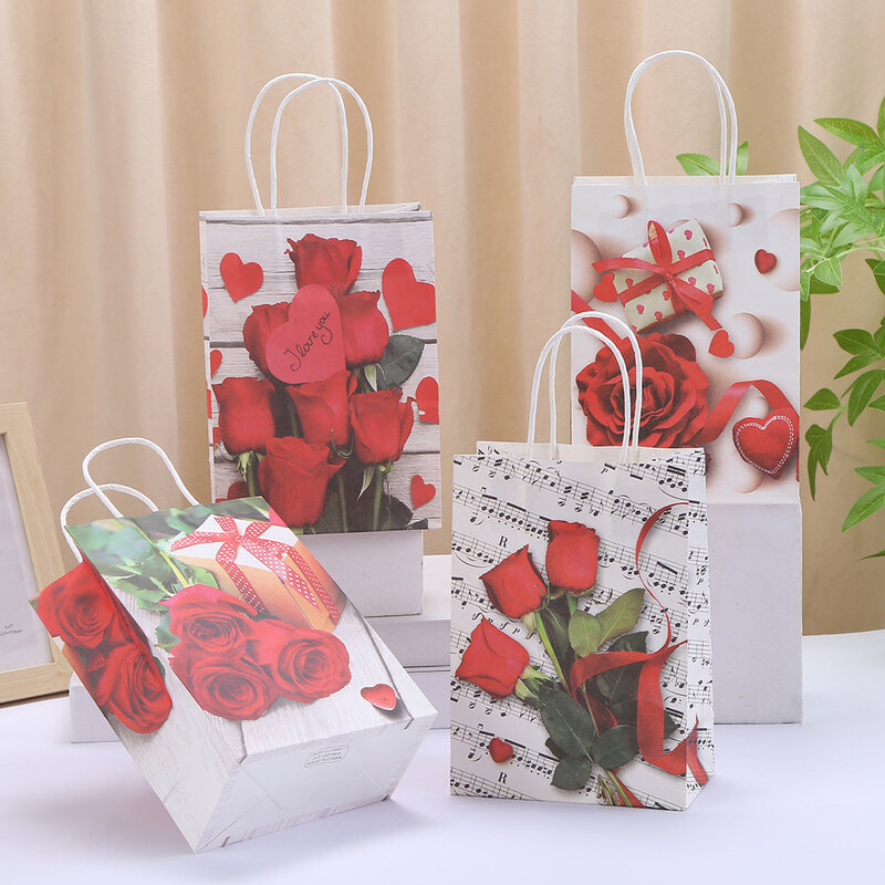 Sacs en papier d'emballage College roses, sac à main en papier kraft Love Carry, Saint Valentin, anniversaire, boîte de mariage, cadeau de Noël avec poignée