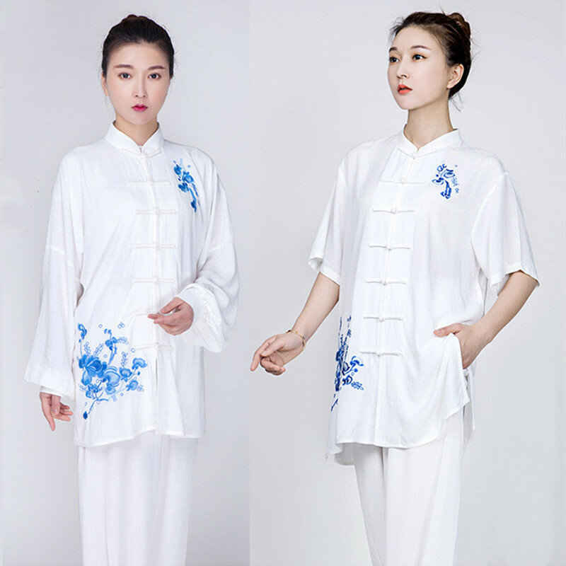 Tai Chi Suit Female Summer Cotton Hemp Short Sleeve Embroidery Boxing Clothes Martial Arts Sets Practice Kung Fu Performance