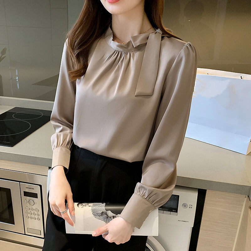 Jesienna koreańska plama kawy damska bluzka 2023 nowy elegancka, długa rękaw z okrągłym dekoltem luźne koszule z kokardami biurowe damskie