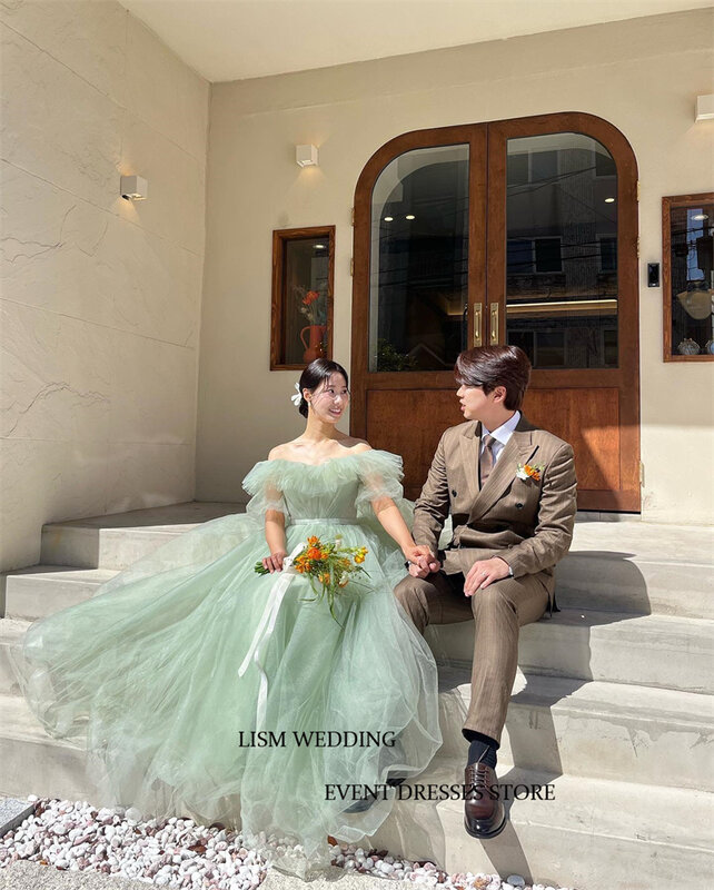 LISM Sage Green Fairy Tulle Off the Shoulder Korea Wedding Dresses Puff Short Sleeves Boat Neck A-Line Bridal Gowns Photo Shoot