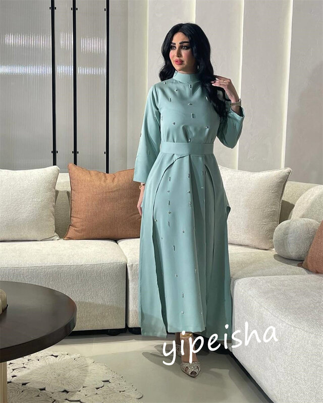    Saudi Arabia Charmeuse Pearl Beach A-line High Collar Bespoke Occasion Gown Midi es  Dresses