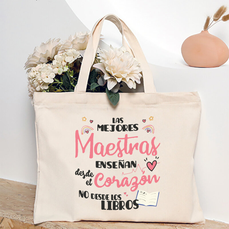 Best Teacher in The World Spanish Printed Women Shoulder Bag Canvas Shopping Bags Female Handbags Reusable Tote Gift for Teacher