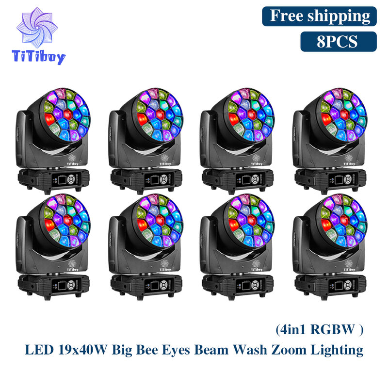 0 Tax 8Pcs 19x40W RGBW LED Spotlight Wash/Zoom Professional DJ/Bar Lighting Big Bee Eye Moving Head dj disco strobe stage lights