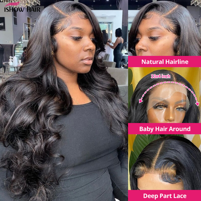 Isshow-Natural Color Lace Frontal Wigs para Mulheres Negras, Cabelo Humano Brasileiro, Onda Do Corpo, Transparente, 30 ", 13x4, 5x5