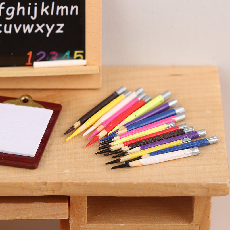8 buah 1:12 miniatur rumah boneka pena Mini pensil warna perlengkapan sekolah Model anak bermain pura-pura mainan rumah boneka aksesoris