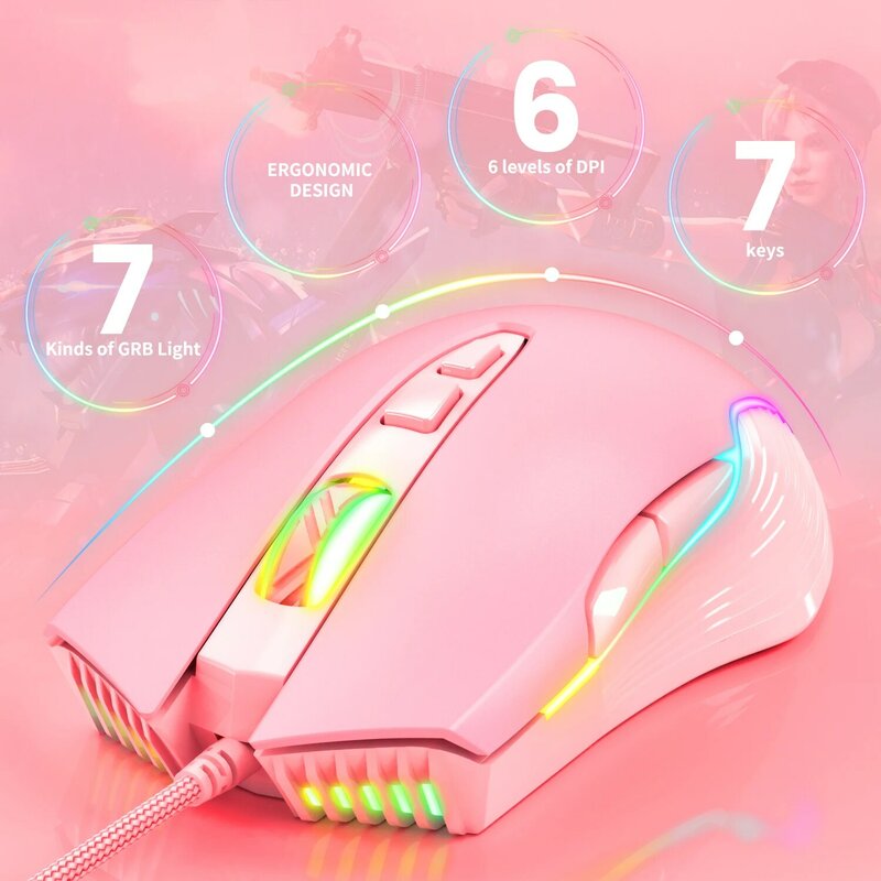 ONIKUMA-Mouse para jogos com fio rosa, 7 botões programáveis, 6 níveis DPI ajustáveis, 7 modos de iluminação RGB, ratos ergonômicos para PC, CW905