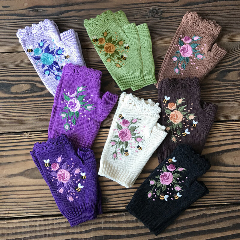 Bee and Flower Embroidery malha luvas de metade do dedo para mulheres, macio, quente, artesanal, outono, inverno, ao ar livre, luvas, tamanho único, 8 cores