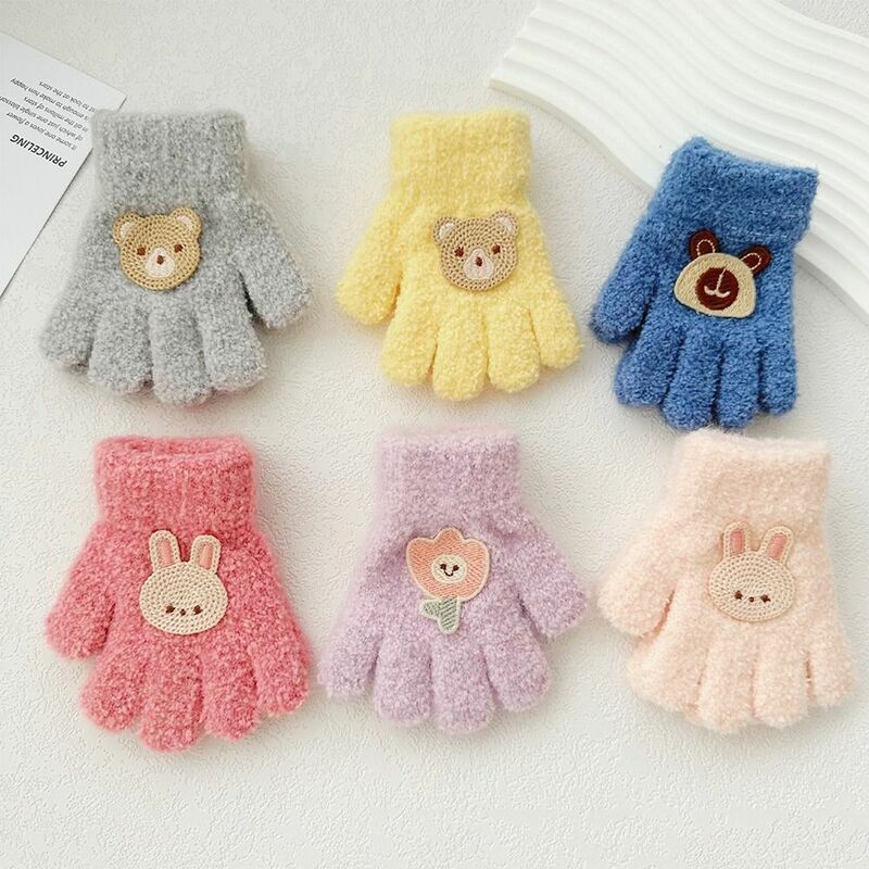 Rabbit Baby Fluffy Gloves Thicken Korean Style Flower Knitted Mittens Solid Color Full Finger Cartoon Pattern Gloves Children