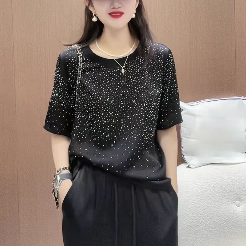 Spring Autumn New Fashion Round Neck Short Sleeved Women's Clothing Casual Tees All Match Loose Female Sequins Clothes T-Shirts