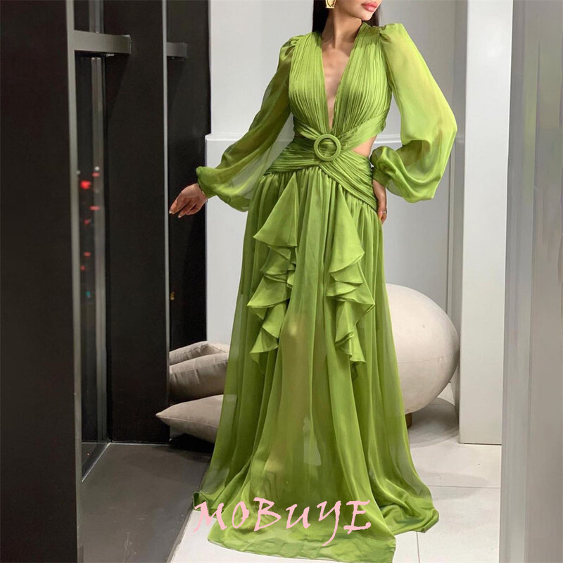 MOBUYE-Elegante vestido de baile até o chão com mangas compridas para mulheres, vestido de festa, decote V, moda popular, 2022