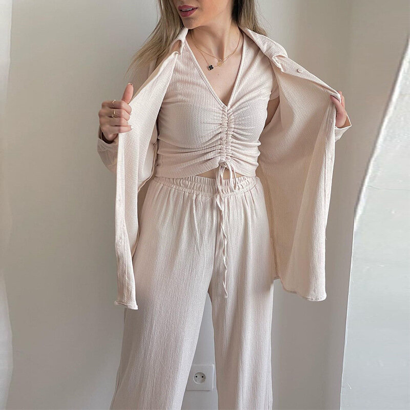 Женский комплект из трех предметов, рубашка с длинным рукавом и широкие брюки с высокой талией на завязках, осень 2023