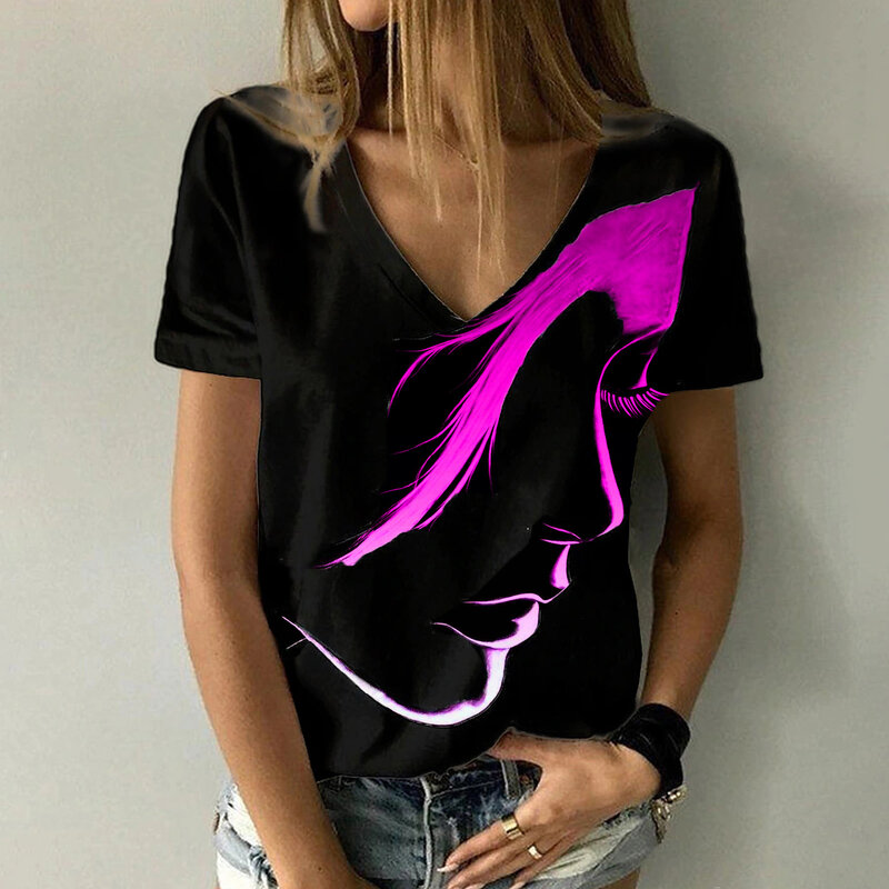 Damska koszulka z krótkim rękawem i dekoltem w szpic, seksowna i modna odzież uliczna, abstrakcyjne zdjęcia z nadrukiem 3D