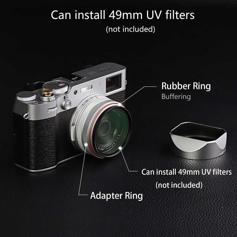 Haoge LH-X54W Vierkante Metalen Zonnekap Met 49Mm Adapter Ring Voor Fujifilm Fuji X100V Camera Zilver