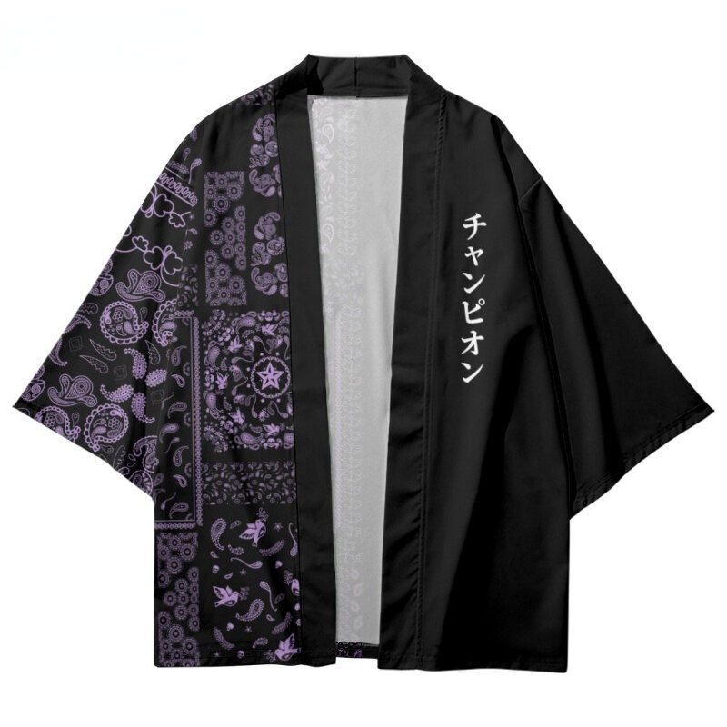 Patchwork Roxo Paisley Imprimir Camisa para Homens e Mulheres, Haori Tradicional, Haori Cosplay, Kimono, Harajuku, Moda Japonesa Cardigan, Yukata
