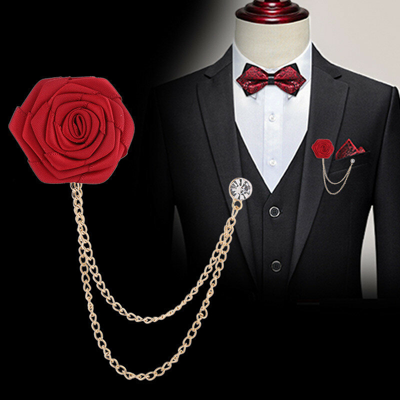 Broches de boda de novio, arte de tela, broche de flor Rosa hecho a mano, Pin de solapa, insignia, cadena de borla, accesorios de traje para hombres, Boutonniere