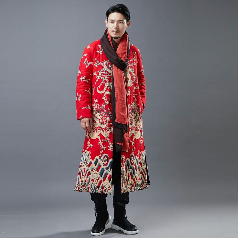 Clothing Dragon Pattern Cardigan Cotton-Padded Jacket Long Casual Loose Side Seam Sidekick Stand Collar Printed National Style