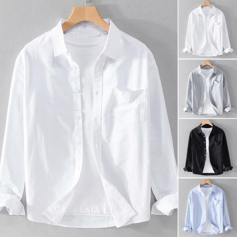 Casual Men Shirt Men's Single-breasted Solid Color Lapel Long Sleeve Shirt Formal Business Style Office Top with Soft for Fall