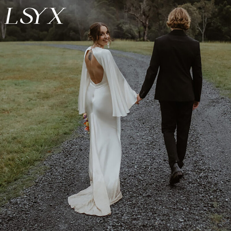 LSYX-Simples profundo V-Neck cetim vestido de casamento, longo Flare mangas, A-Line, costas abertas, até o chão, Tribunal Trem vestido de noiva, Custom Made
