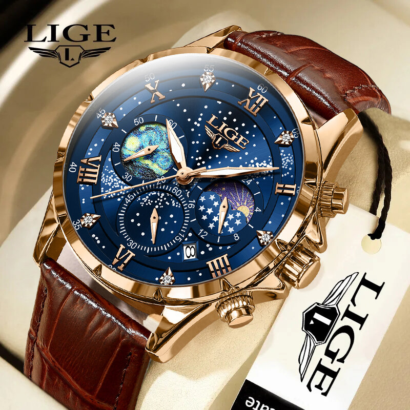 Lige-メンズ防水レザークォーツ時計、カジュアルスポーツは、発光クロノグラフ、日付腕時計、男性時計、高級
