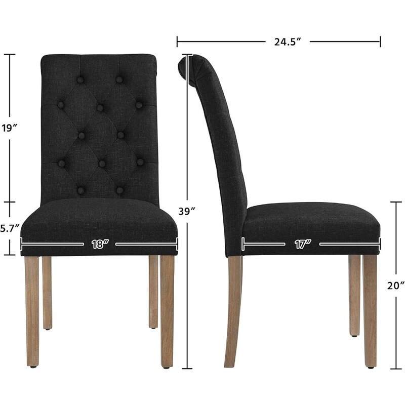 Cadeiras de jantar adornadas para casa Cadeiras de tecido estofado, pernas de madeira maciça, assento acolchoado, preto, 3 pacotes